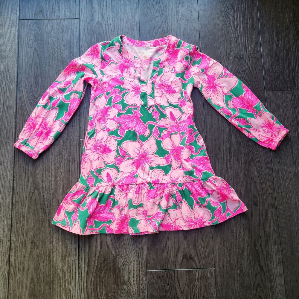 Lilly Pulitzer Pink and Green Floral Long Sleeve Ruffle Hem Dress